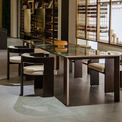 Mesa de comedor de mármol rectangular de color verde brillante de 750 mm con borde de aluminio