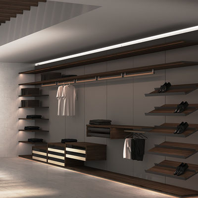Puerta corredera maestro caminar en el armario muebles de madera de aluminio con LED lineal